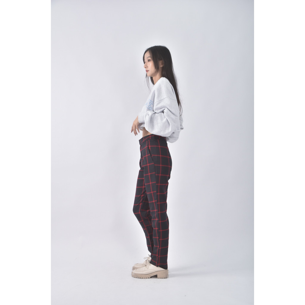 (XL) style in side高腰質感格紋紅色長褲二手衣, , large