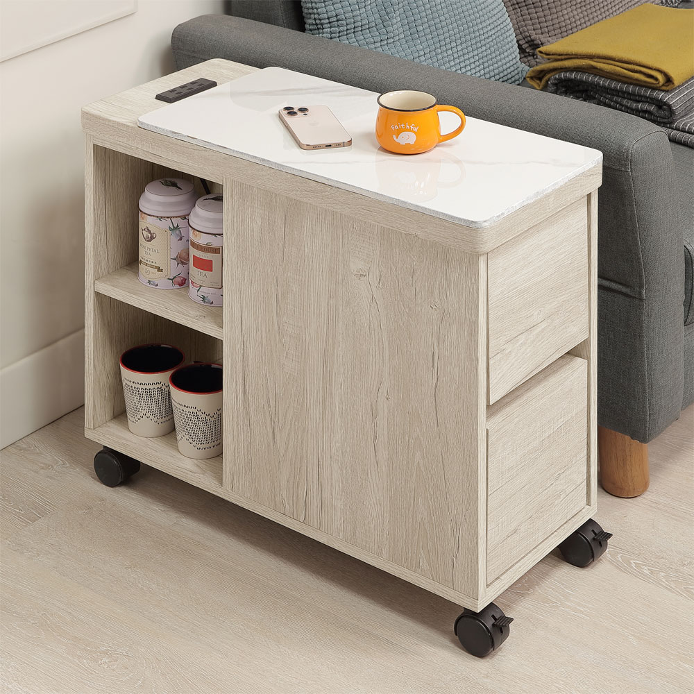 【Homelike】喜家居白栓木色岩板附插座活動沙發邊櫃(2504), , large