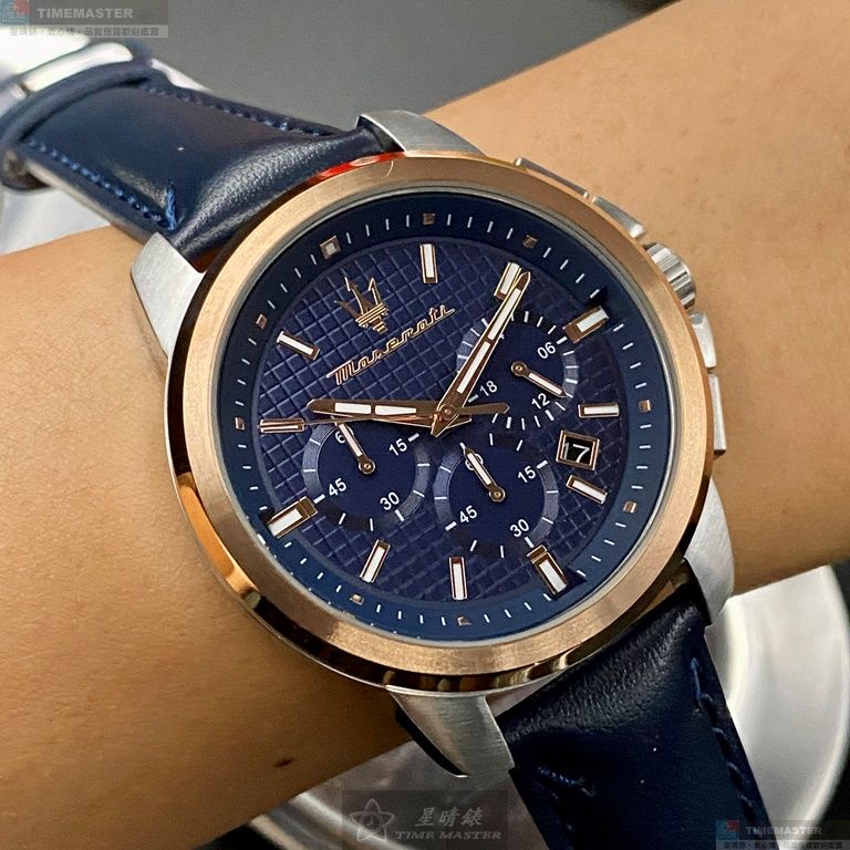 [星晴錶業]MASERATI手錶,44mm,R8871621015寶藍色錶面玫瑰金錶殼寶藍真皮皮革錶帶款, , large