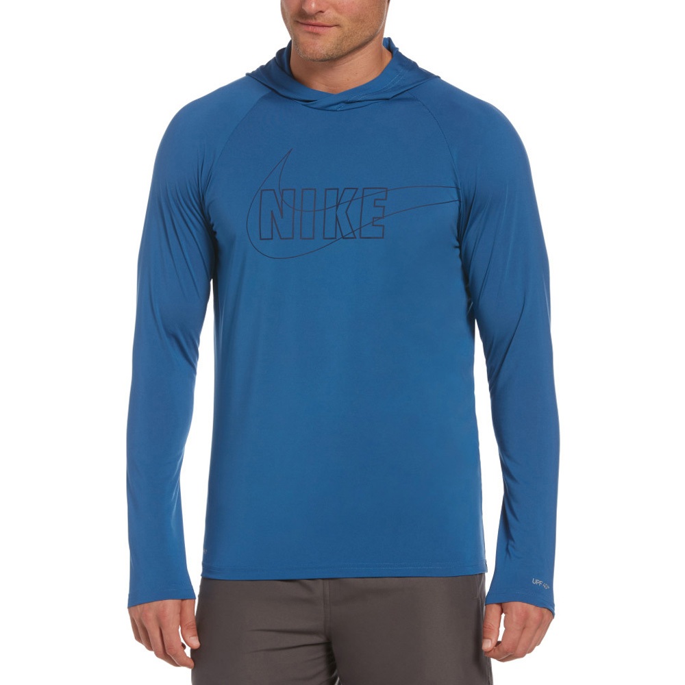 NIKE OUTLINE LOGO HOODED成人男性連帽防曬衣 戶外運動 乾爽 透氣 彈性 舒適 抗UV 黑 白 藍, , large