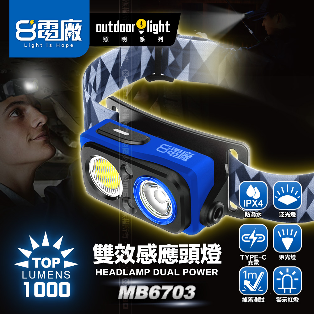 8電廠 MB-6703 分艙式 自動感應 頭燈 雙光源 1000流明, , large