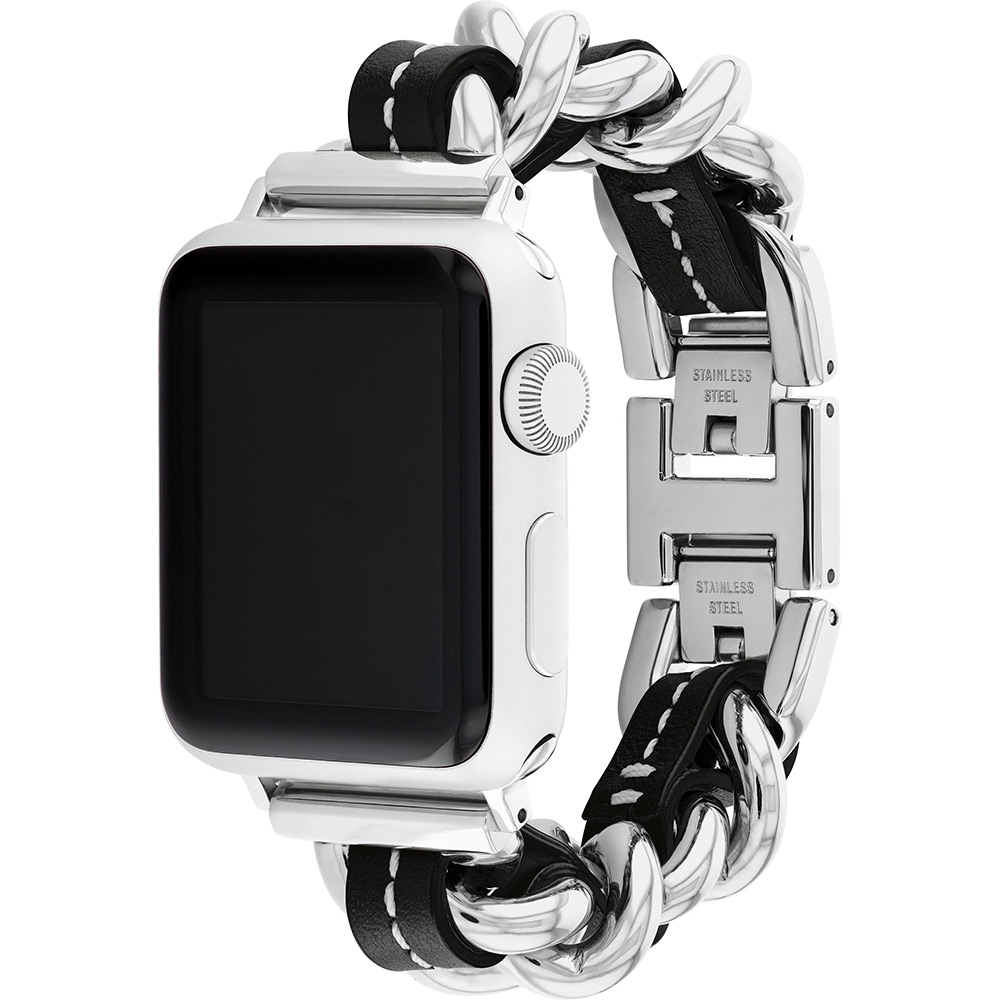 COACH Apple Watch 錶帶 38/41mm 適用 鍊帶結合皮錶帶- 銀x黑(不含手錶), , large