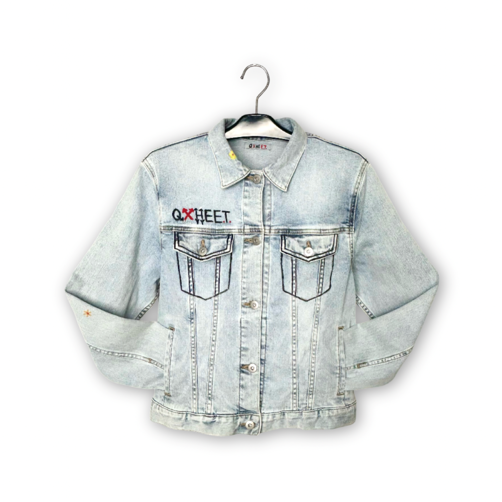 Light blue denim jacket with three-dimensional pocket design, , large