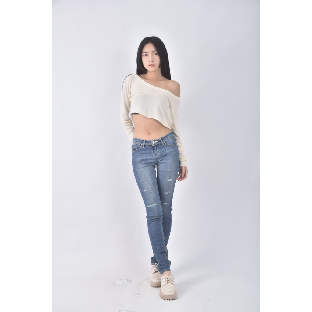 (S) jade fusion denim丹寧牛仔棉質刷破藍色綁帶長褲二手衣, , large