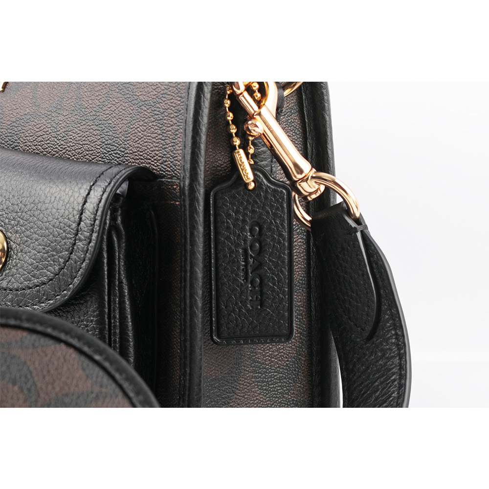 COACH Pennie 塗層帆布拼皮革雙口袋附零錢袋斜背包/巧克力色, , large