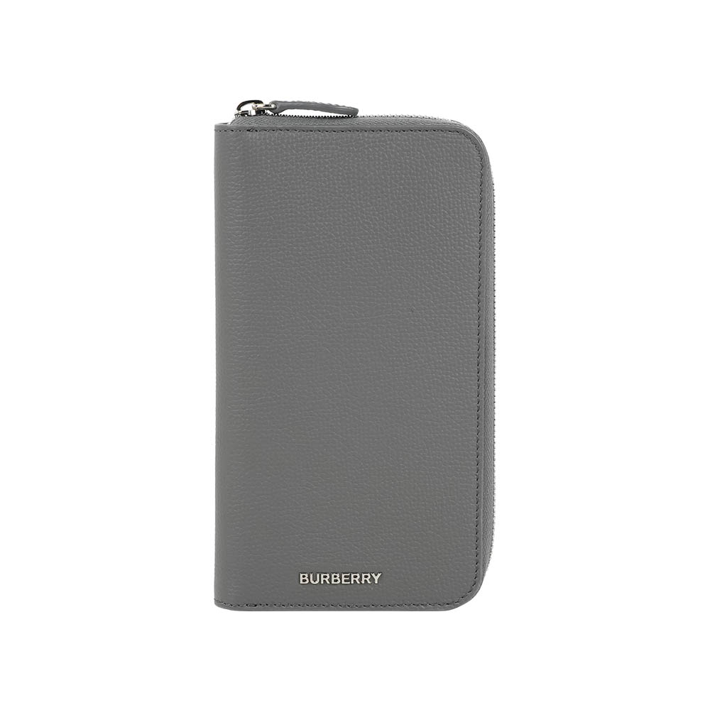 BURBERRY 銀字粒紋牛皮內拼格紋拉鍊長夾(煤灰色)