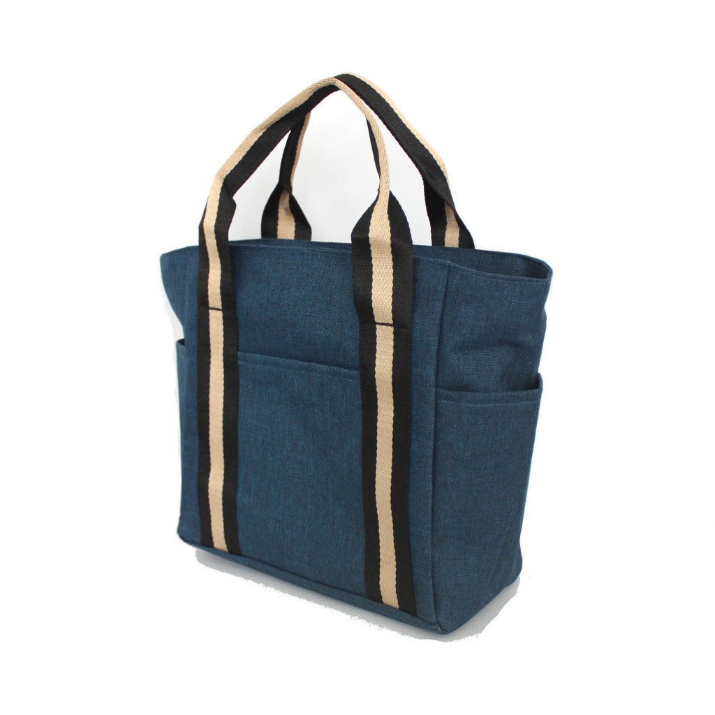 輕巧手提小包-藍/卡其織帶 水餃包 隨身手提包 便當袋 購物袋 小托特包 媽媽包 開學季, , large