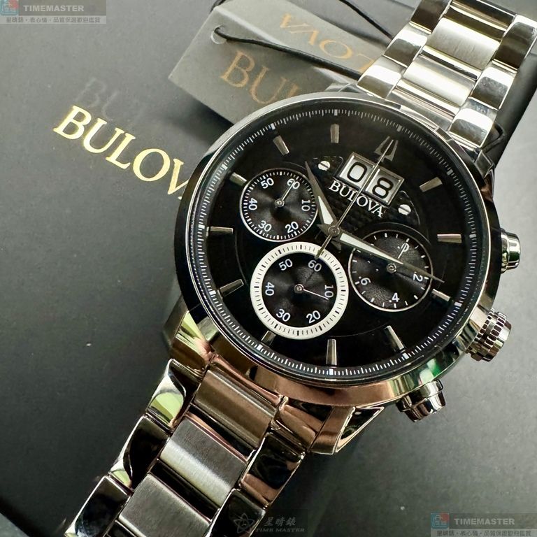 [星晴錶業]BULOVA手錶,44mm,BU00006黑色錶面銀錶殼銀色精鋼錶帶款, , large