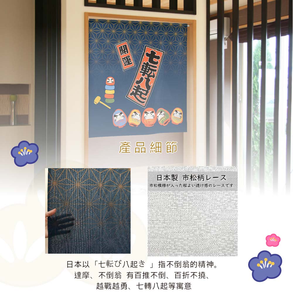 日本製【コスモ】中門簾《達摩七福神》幸運藍, , large