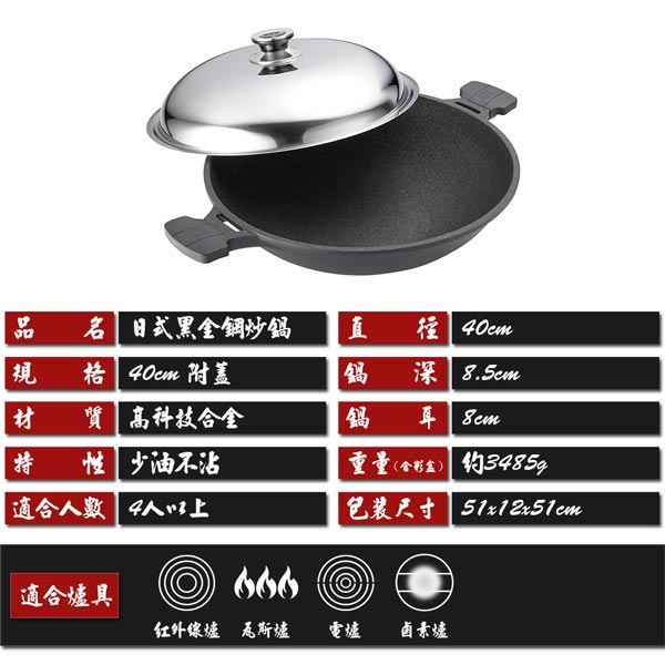 PERFECT 理想牌 日式黑金鋼炒鍋不沾炒鍋附蓋 附蓋40cm-Leidea樂德兒, , large