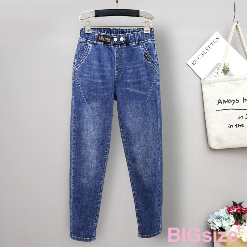 大尺碼-鬆緊褲頭 窄腳 牛仔褲-黑/深藍-0103088, , large