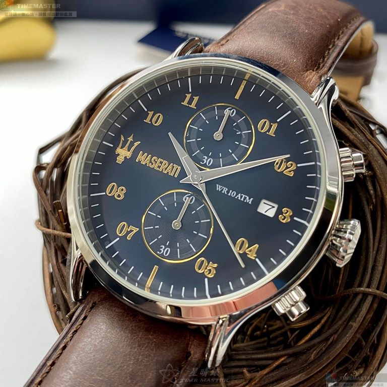 [星晴錶業]MASERATI手錶,42mm,R8871618001寶藍色錶面銀錶殼咖啡色真皮皮革錶帶款, , large