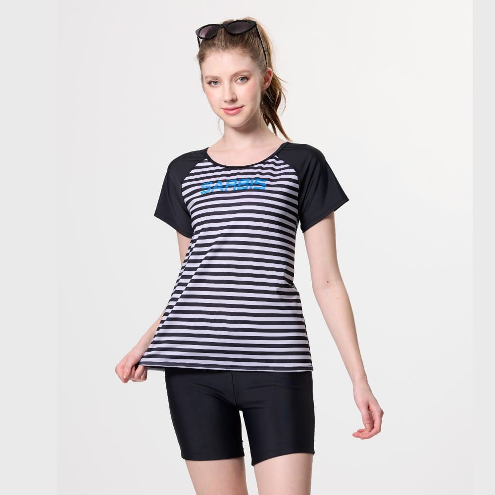 Monina Taiwan-made short-sleeved two-piece swimsuit Black and white staggered waist slimming black, , large