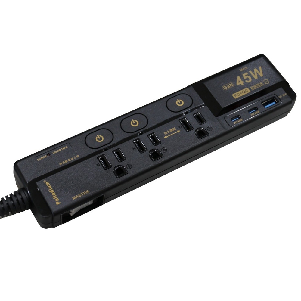 【Palladium】氮化鎵GaN 4開3插3P 45W 氮化鎵USB超級閃充延長線-限定黑 C-89P45AL, , large