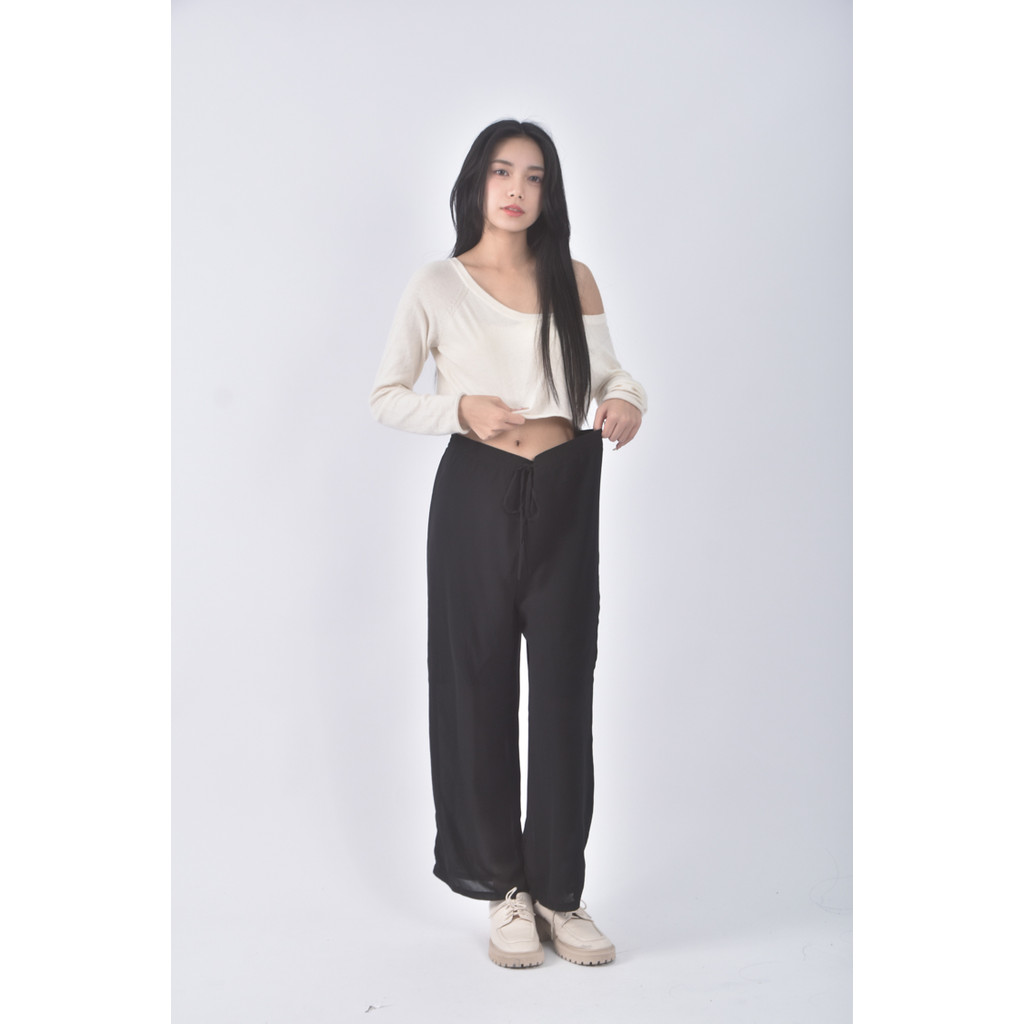 (XL) 高腰質感紡紗黑色長褲二手衣