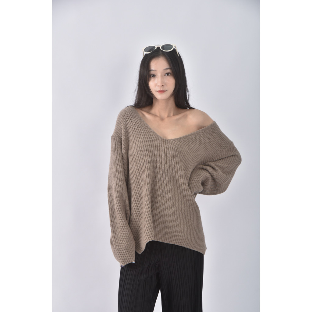 (F) myway韓牌質感羊毛V領棕色毛衣二手衣, , large