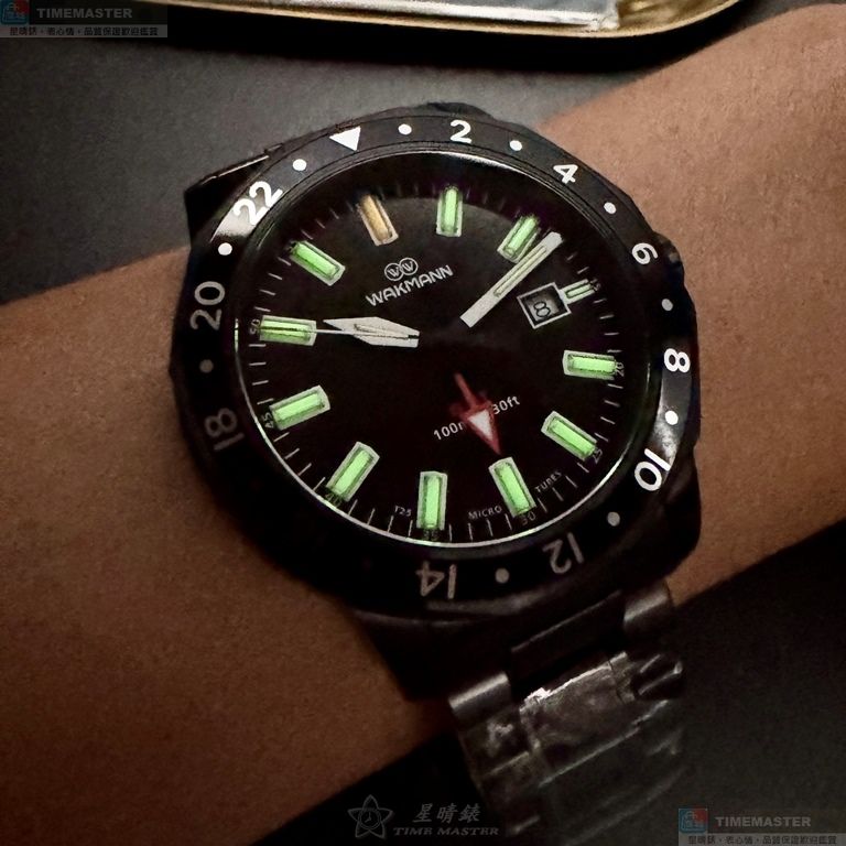 [星晴錶業]WAKMANN手錶,46mm,WA00046黑色錶面黑錶殼深黑色精鋼錶帶款, , large