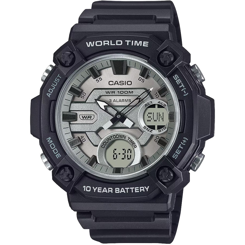 CASIO 卡西歐 10年電力 冒險精神 計時雙顯錶 手錶-黑x白 AEQ-120W-7AV