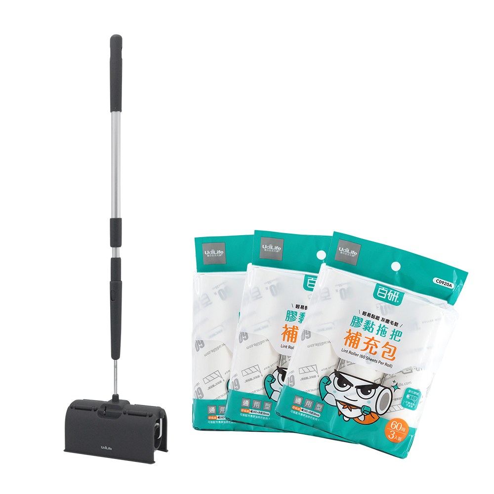 百研/掀蓋式伸縮長柄膠黏拖把-60周-1+百研/通用型膠黏補充包/60周-3入x3包-1組