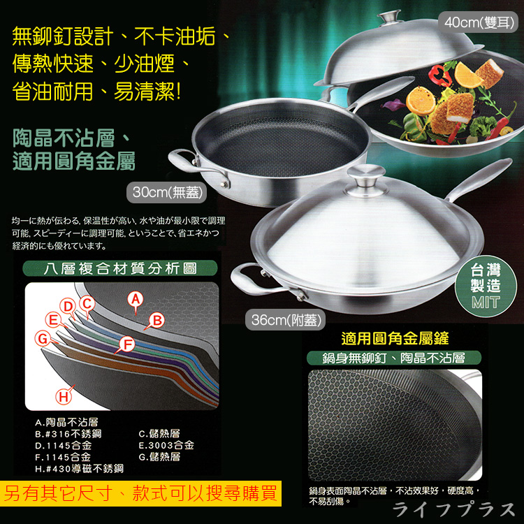 CLARE典鑽316不鏽鋼陶晶不沾炒鍋-36cm-單柄-附蓋-1支, , large