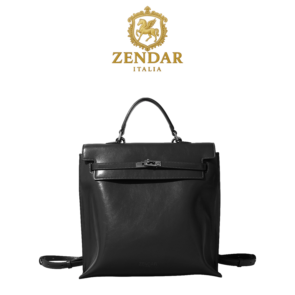 【ZENDAR】限量1折 頂級小牛皮手提包肩背包後背包 維多利亞系列 全新專櫃展示品(金剛黑)