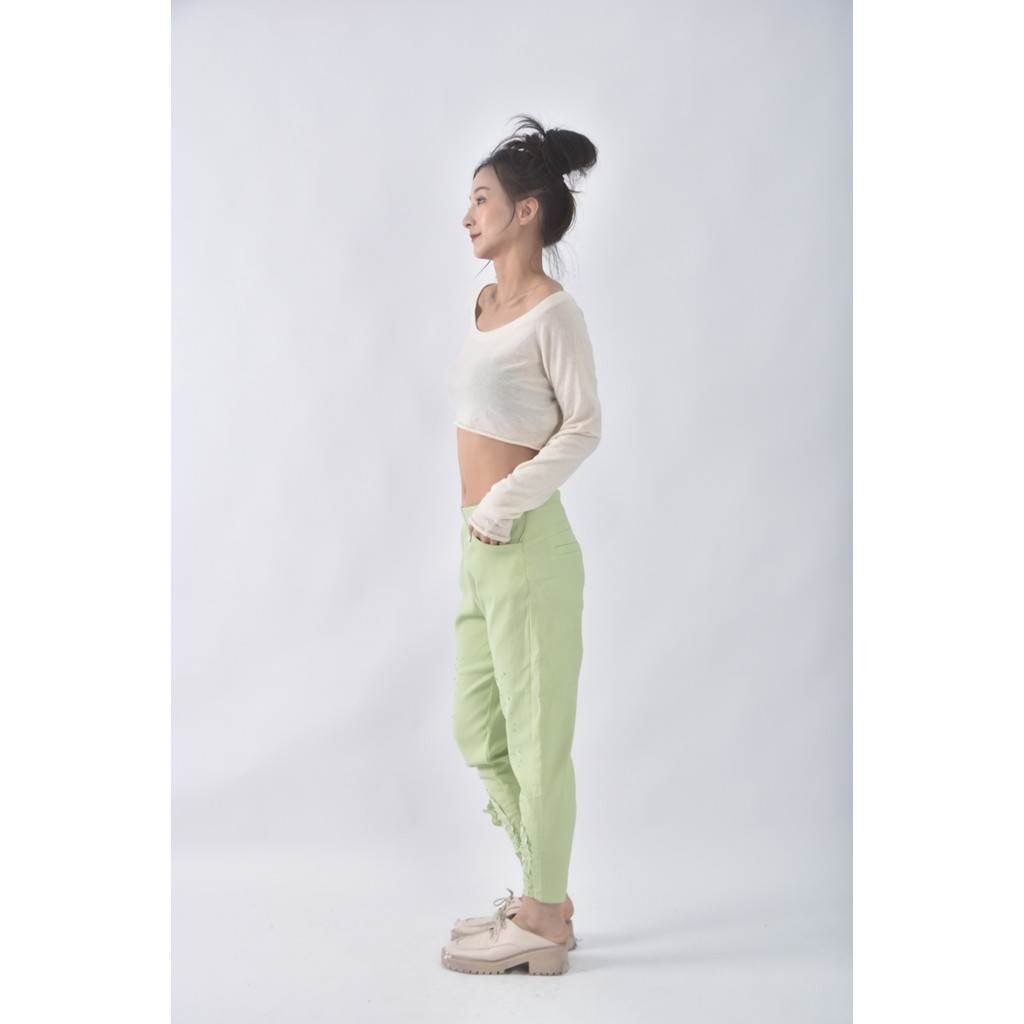 (L) l fashion高腰亞麻亮片綠色長褲二手衣, , large