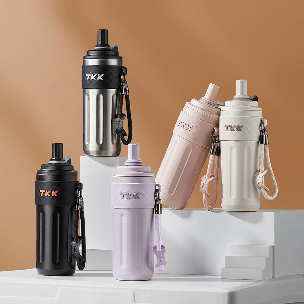【TKK】律動吸管杯 316不鏽鋼x陶瓷噴塗 保溫杯 運動水壺500ML(附手提繩)-風信紫, , large