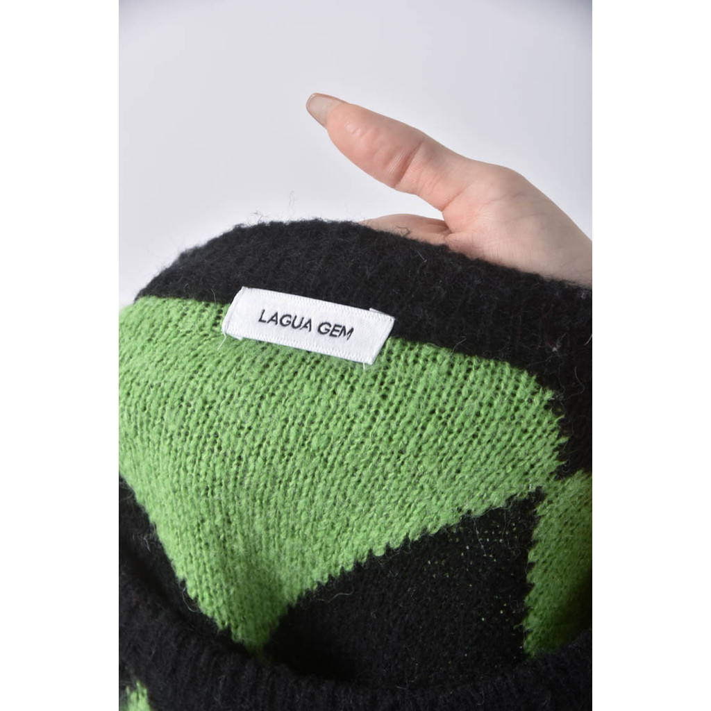 (F) lagua gem菱格紋綠色長袖上衣二手衣, , large