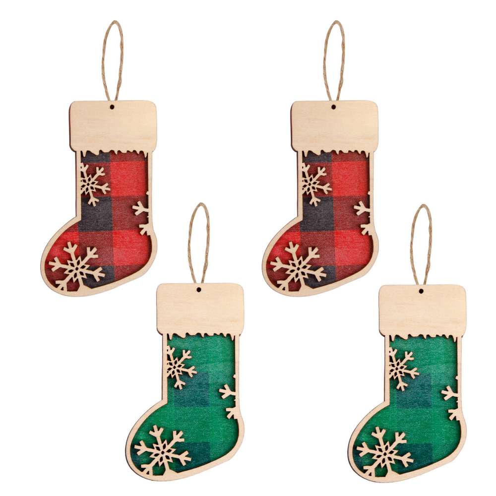 摩達客-紅綠格紋木質彩繪聖誕襪造型吊飾4件組-交換禮物耶誕派對佈置, , large