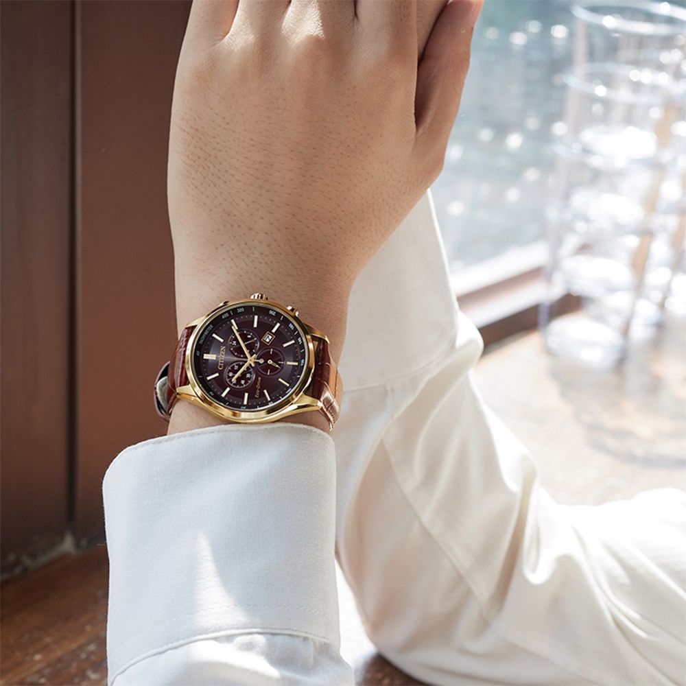 CITIZEN 星辰 亞洲限定款 光動能三眼計時手錶 送禮-咖啡x玫瑰金/42mm AT2573-07X, , large