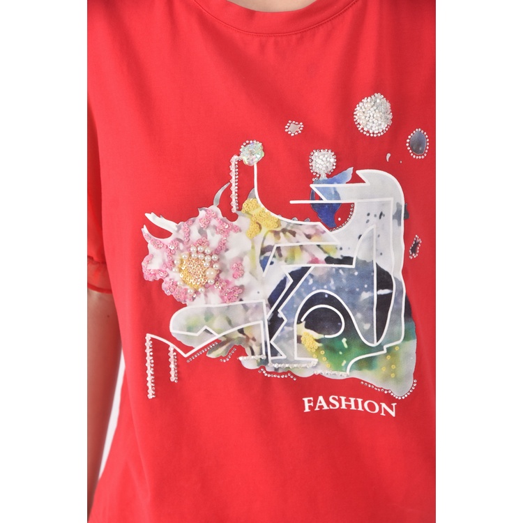 (M) huslidesign棉質雪紡拼接紅色短袖上衣二手衣, , large