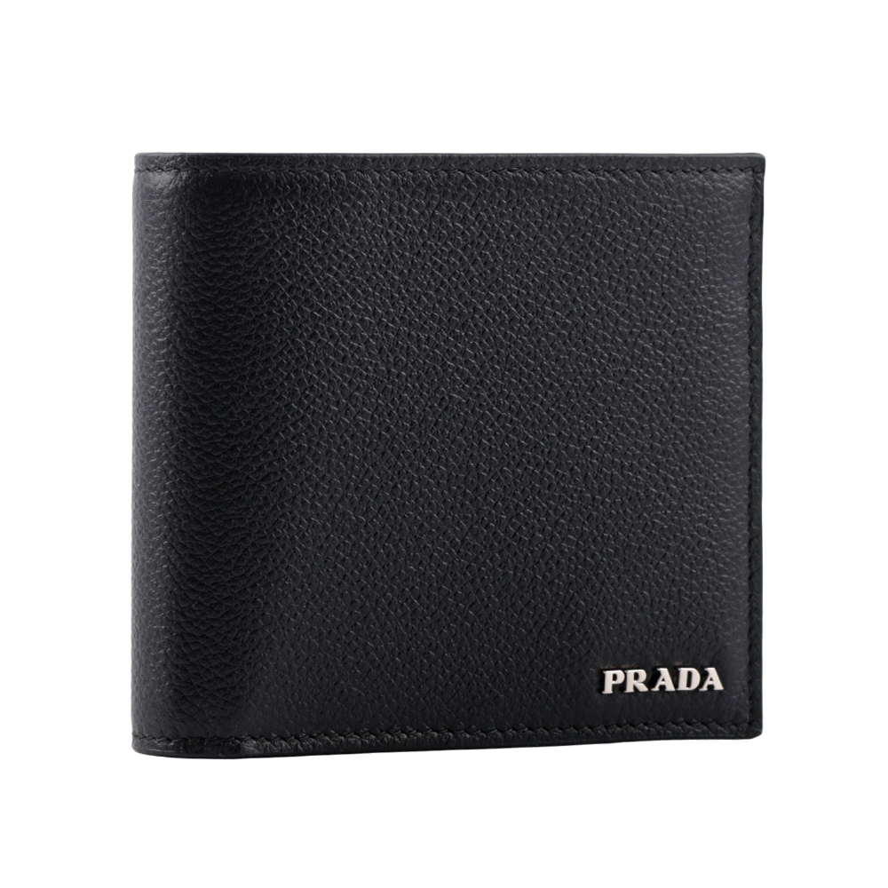 PRADA 銀字Logo 粒紋牛皮內拼色對開8卡短夾/黑色/深藍色, , large
