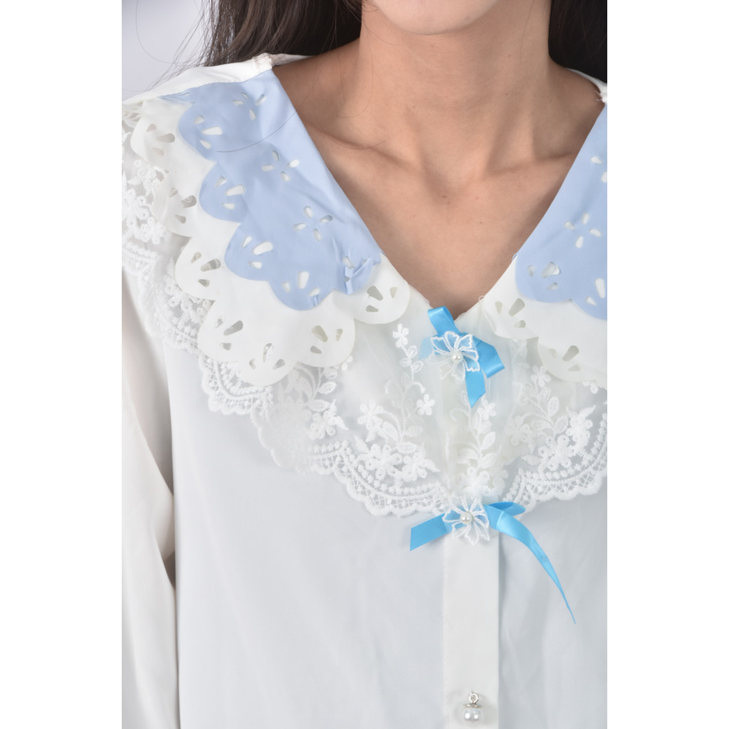 (L) 假兩件白色長袖上衣二手衣, , large