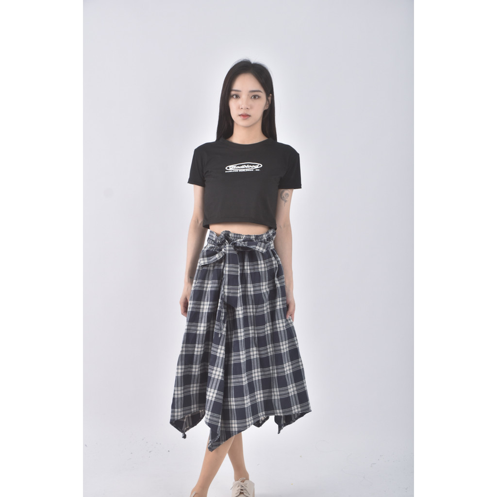 (L) 質感棉質格紋藍色長裙二手衣