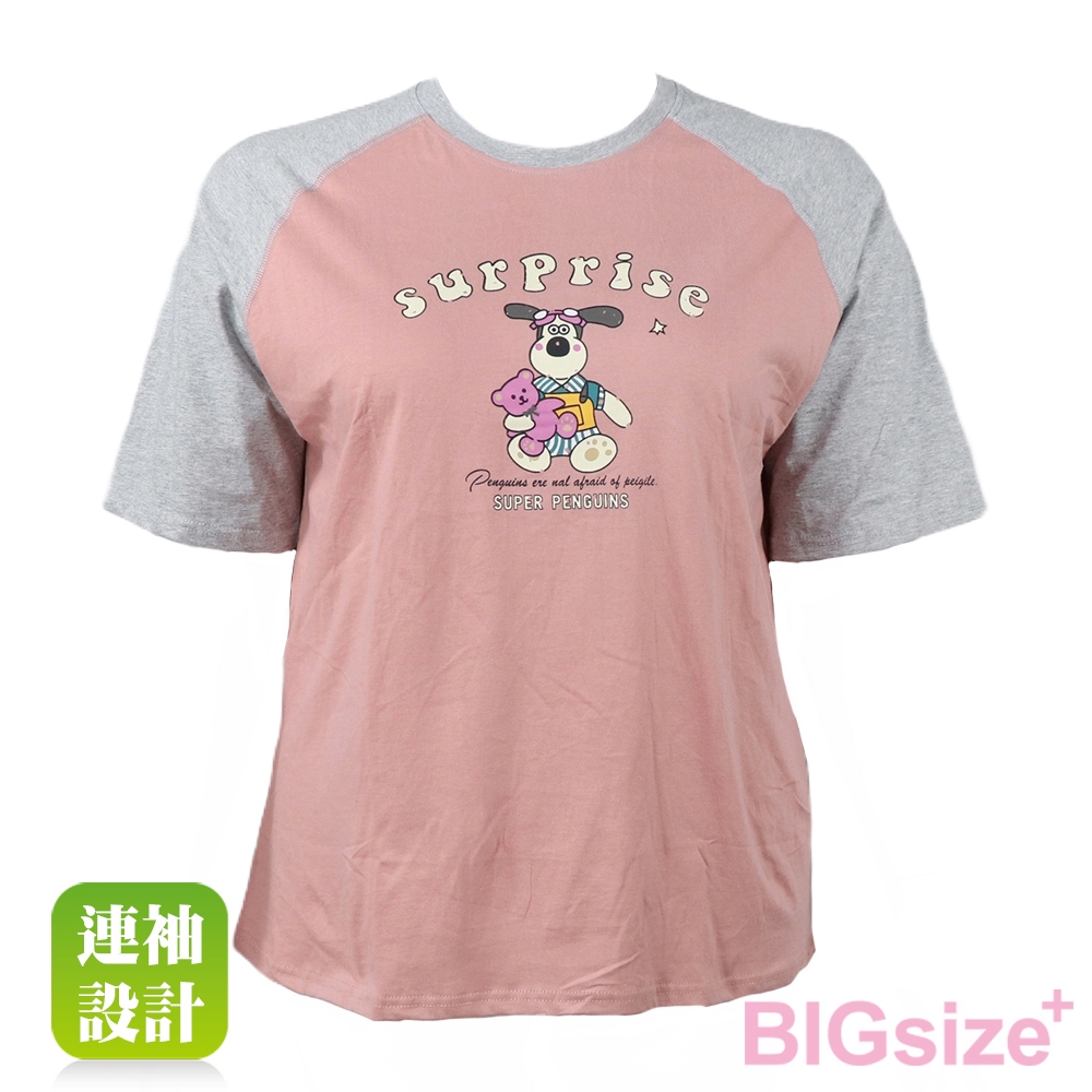 大尺碼-卡通印花 插肩 圓領T恤-白/粉-0101153, , large