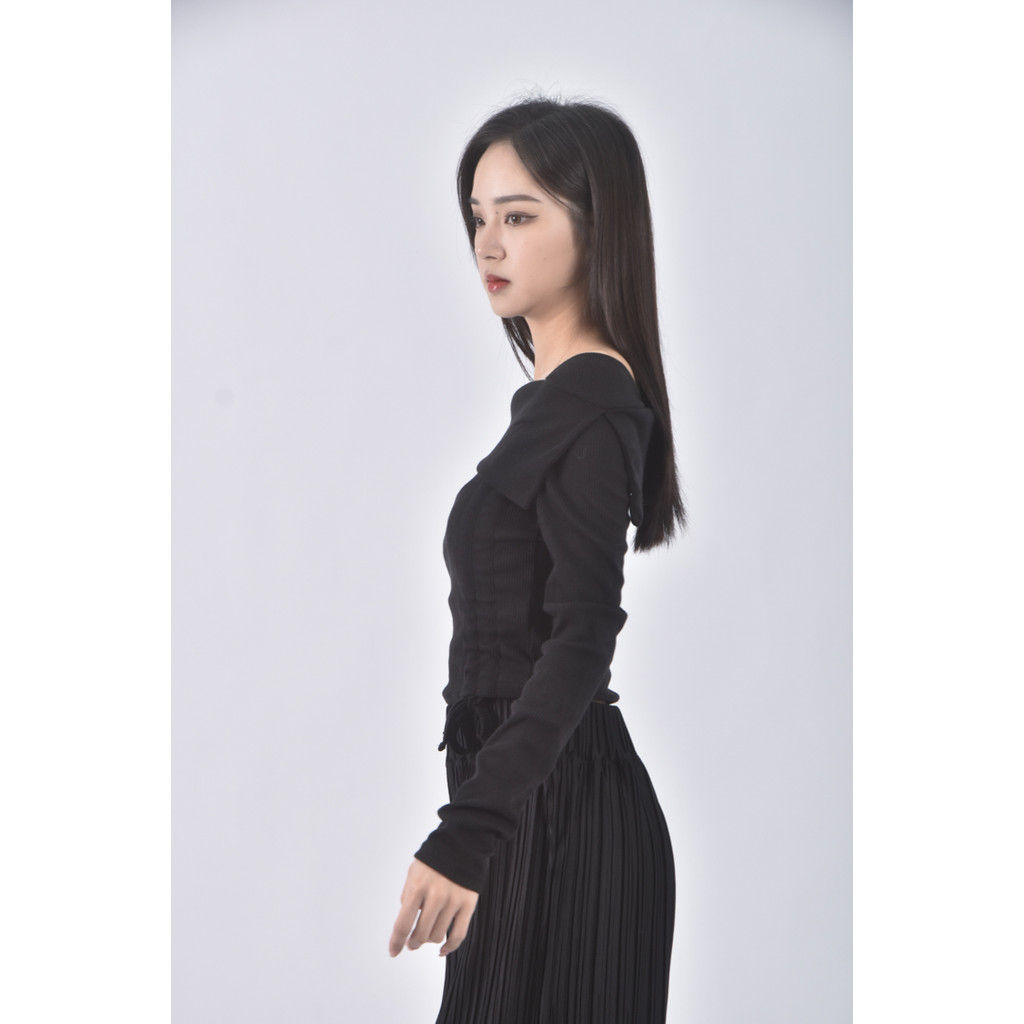 (S) 質感一字領黑色長袖上衣二手衣, , large