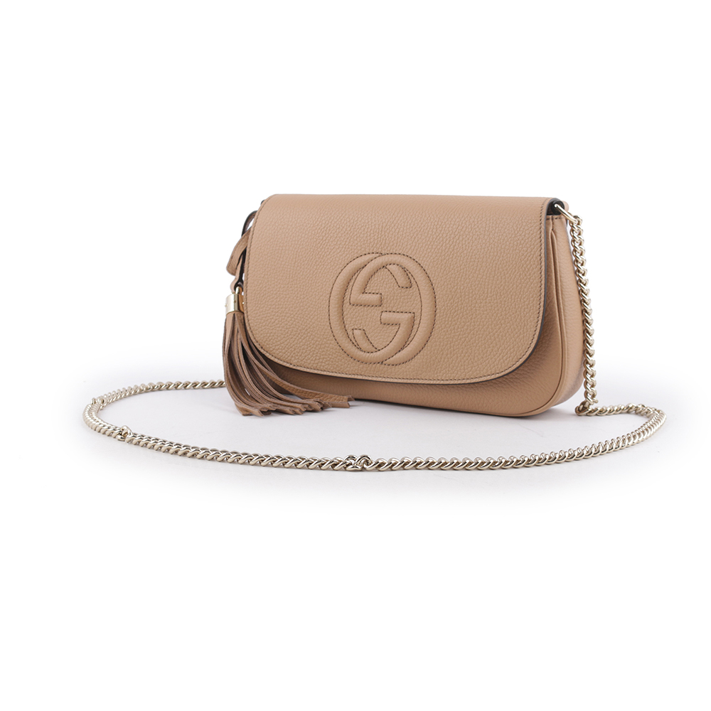 GUCCI SOHO 系列流蘇牛皮翻蓋二用包/裸粉色, , large