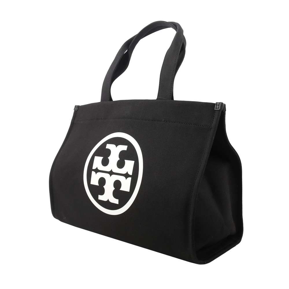 TORY BURCH Ella 圓形標誌棉質帆布大款托特包/黑色, , large