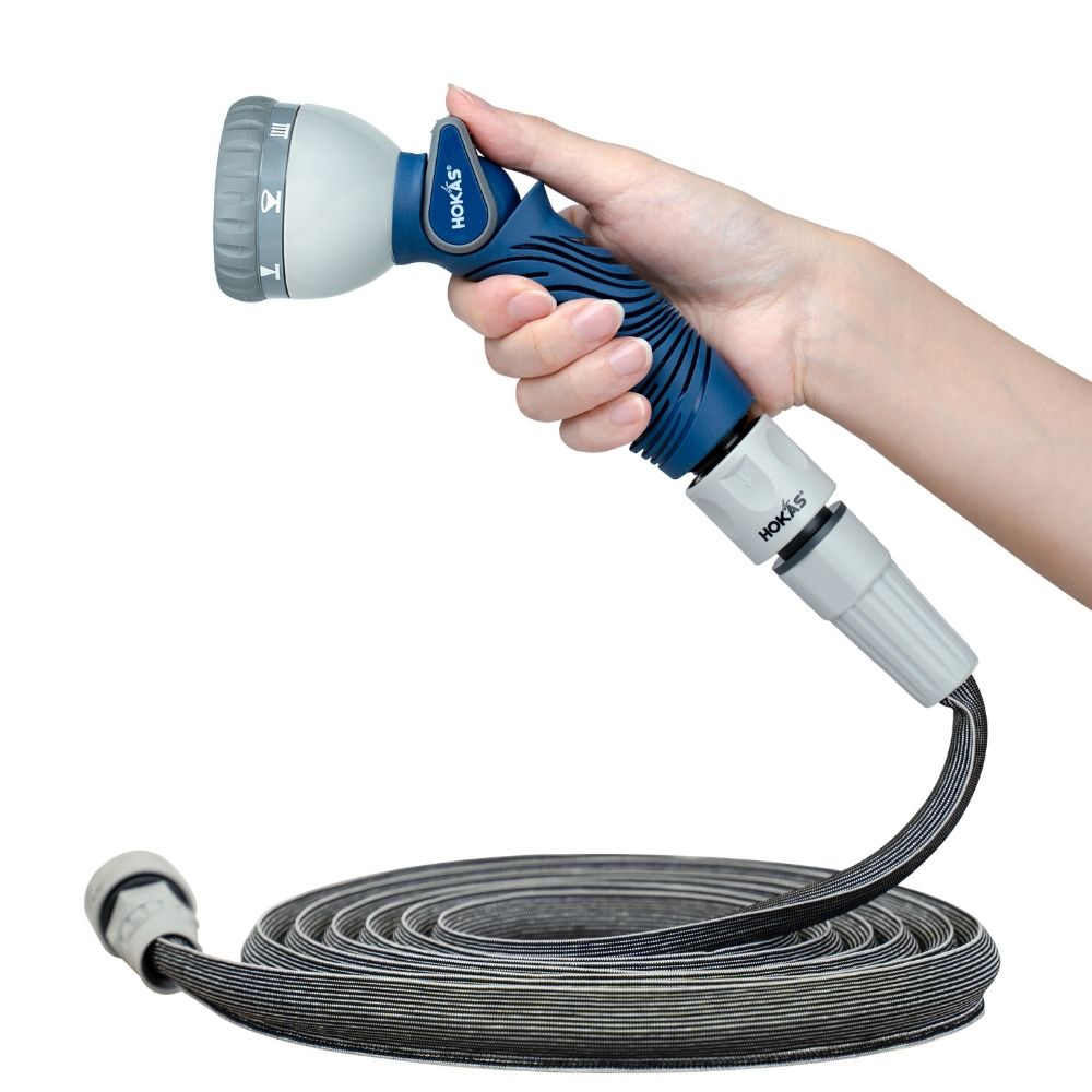 【HOKAS】5米伸縮水管搭配8段水槍套組(水槍+水管,掛勾,  澆花洗車清潔適用 7.6米, , large