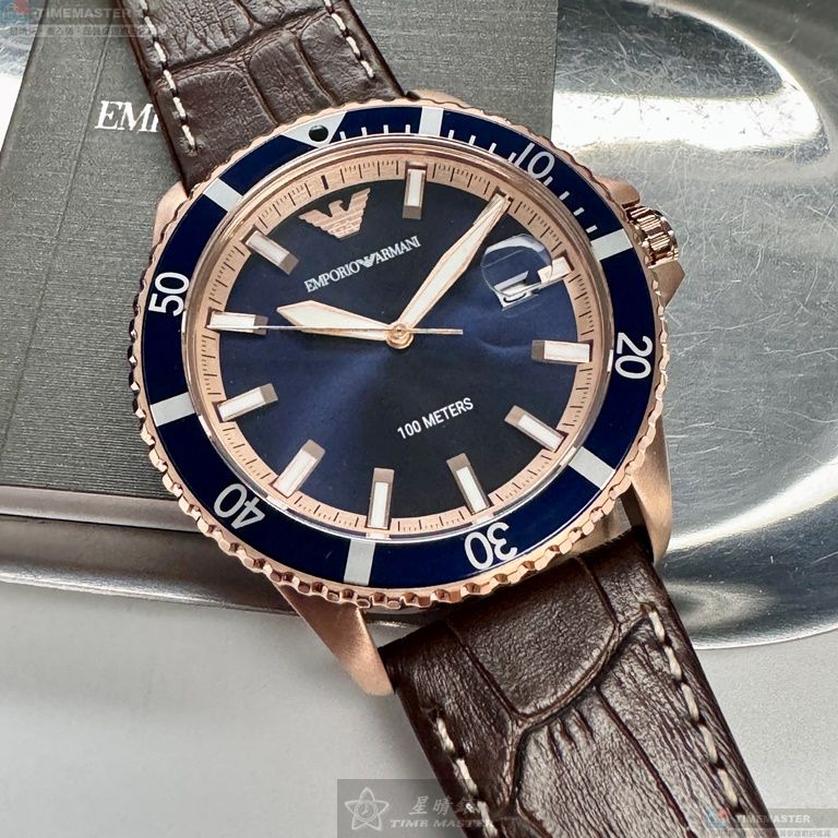 [星晴錶業]ARMANI手錶,42mm,AR00047寶藍色錶面玫瑰金錶殼咖啡色真皮皮革錶帶款, , large