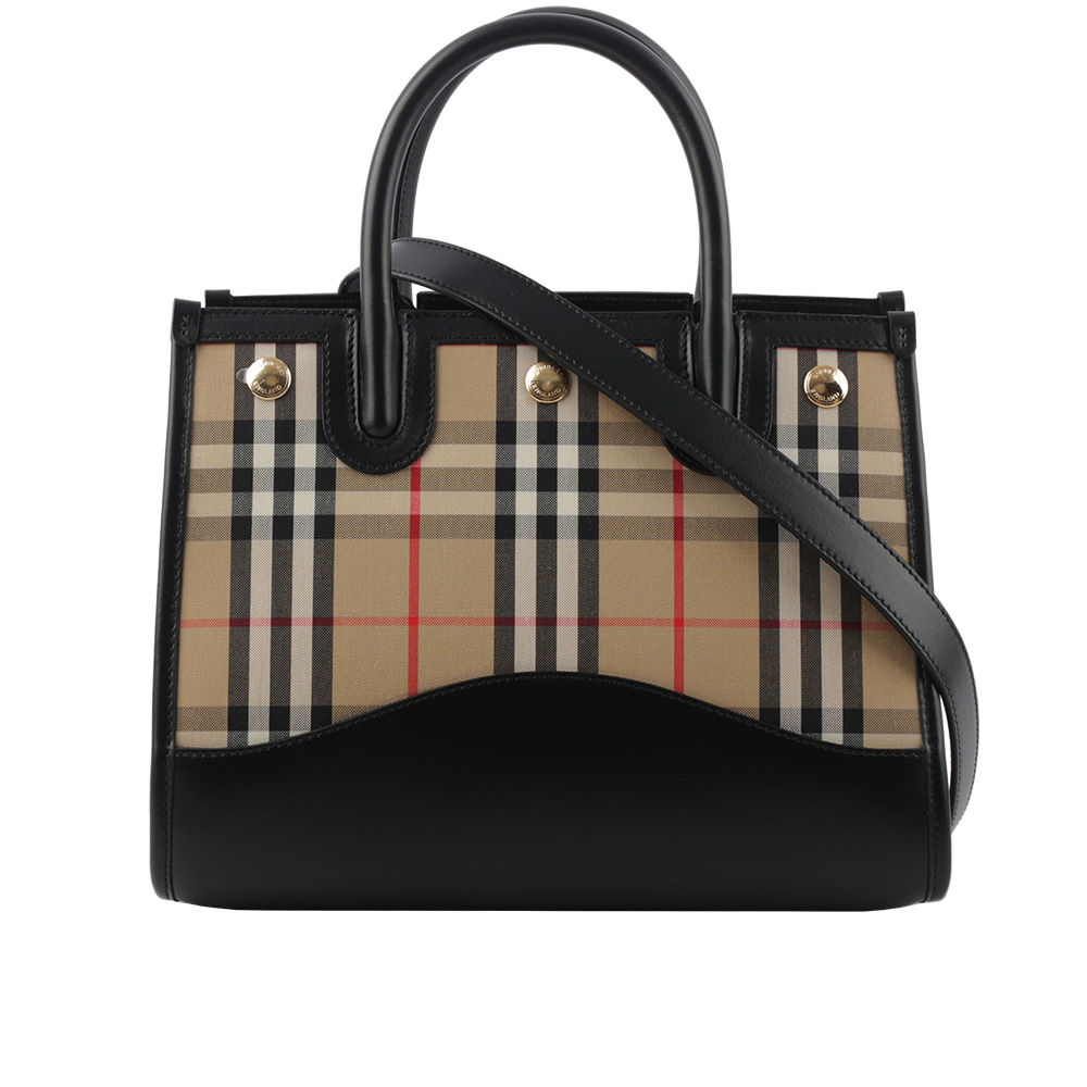 BURBERRY Title 格紋帆布及小牛皮小款手提/斜背二用包/暗土色
