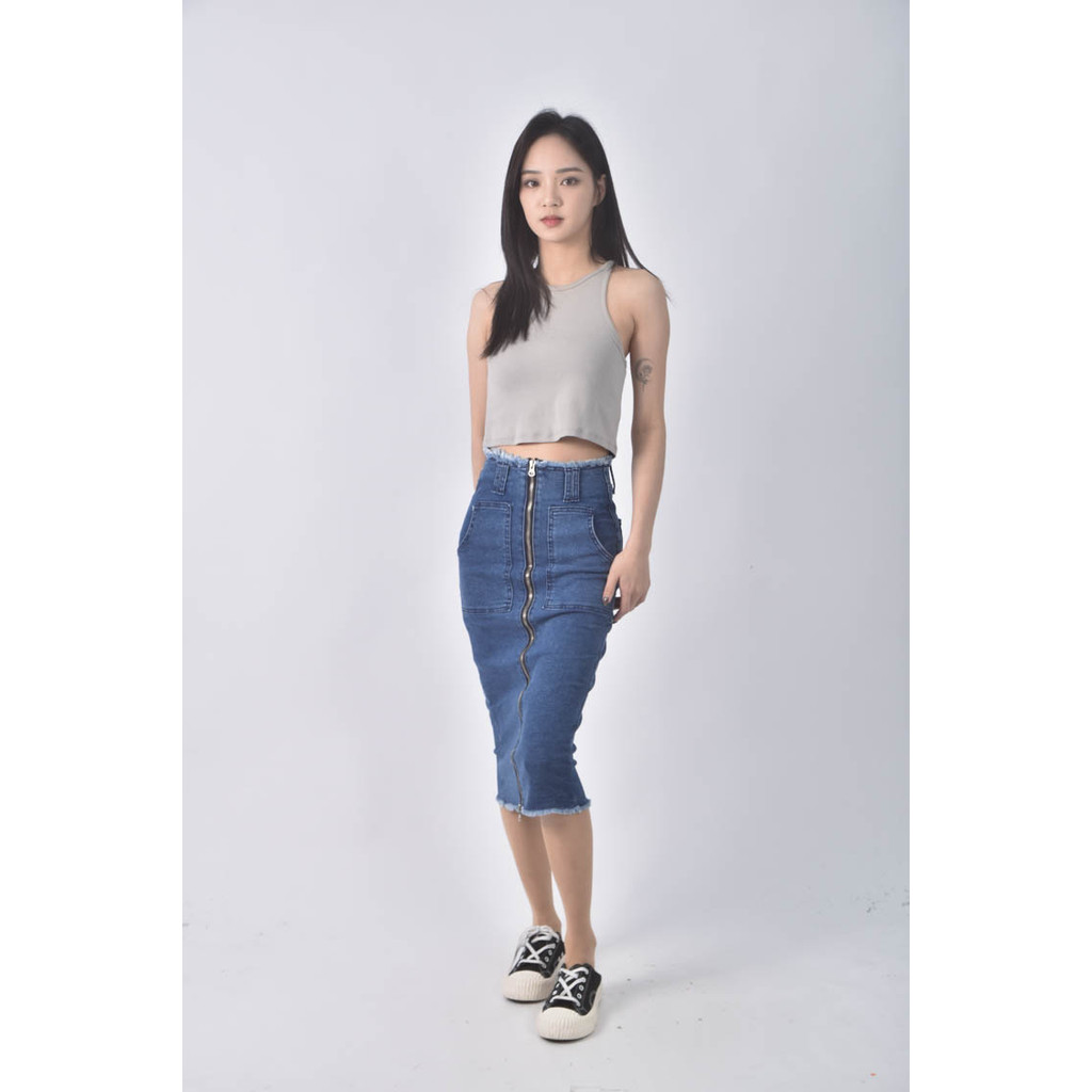 (S) denim boutique韓牌丹寧牛仔前拉鍊藍色長裙二手衣, , large
