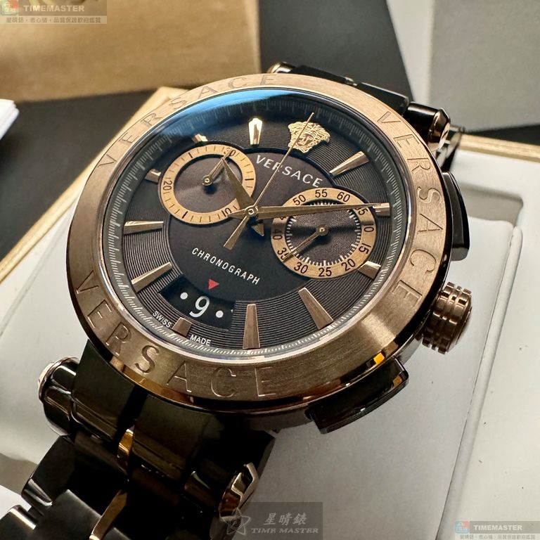 [星晴錶業]VERSACE手錶,46mm,VS11731黑色錶面古銅色錶殼黑金色精鋼錶帶款, , large