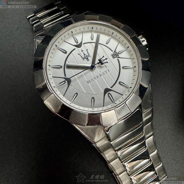 [星晴錶業]MASERATI手錶,44mm,R8853103001白色錶面銀錶殼銀色精鋼錶帶款, , large
