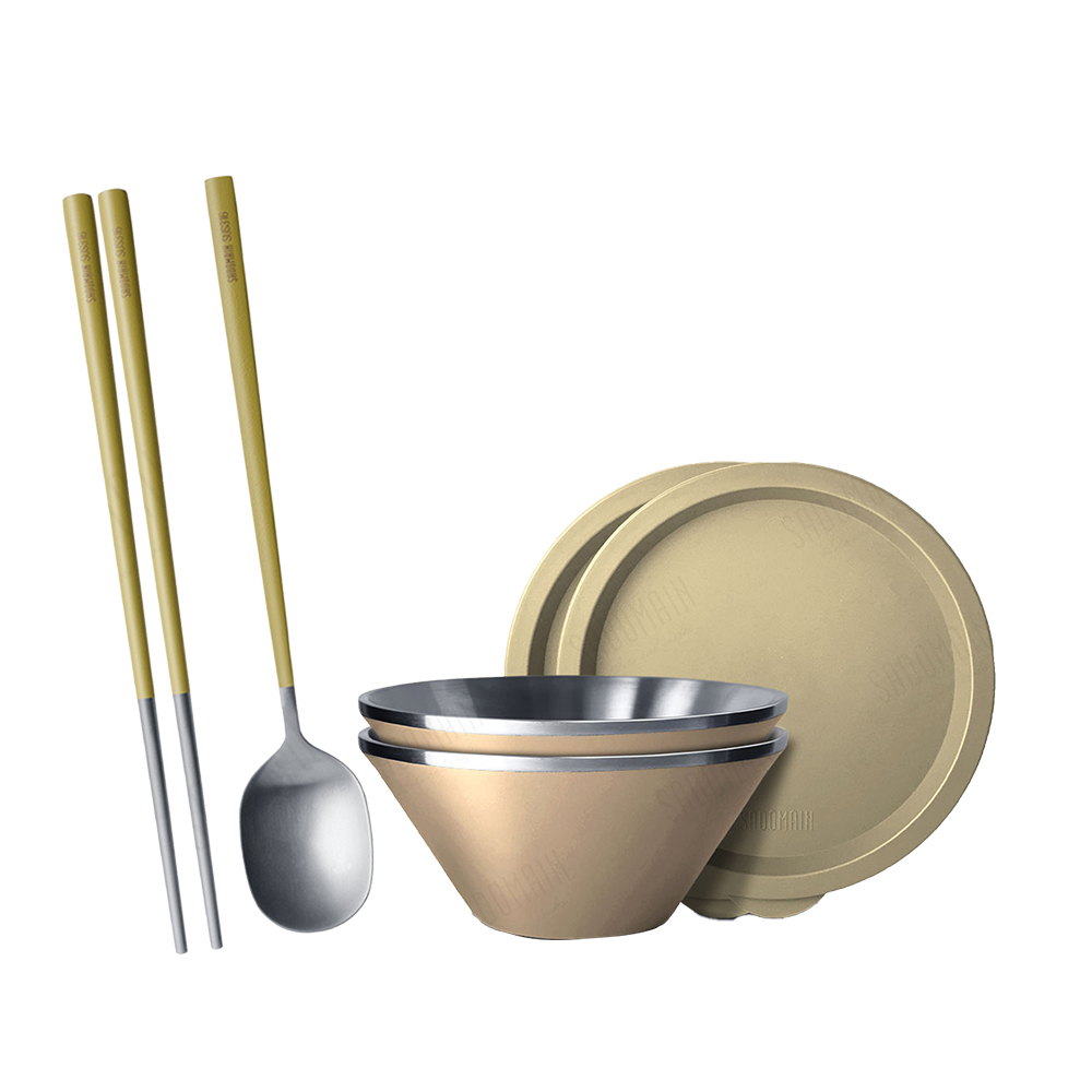 仙德曼雙層304不鏽鋼笠形湯碗-附蓋-20cm-2入-霧沙+316不鏽鋼餐具組-4套入