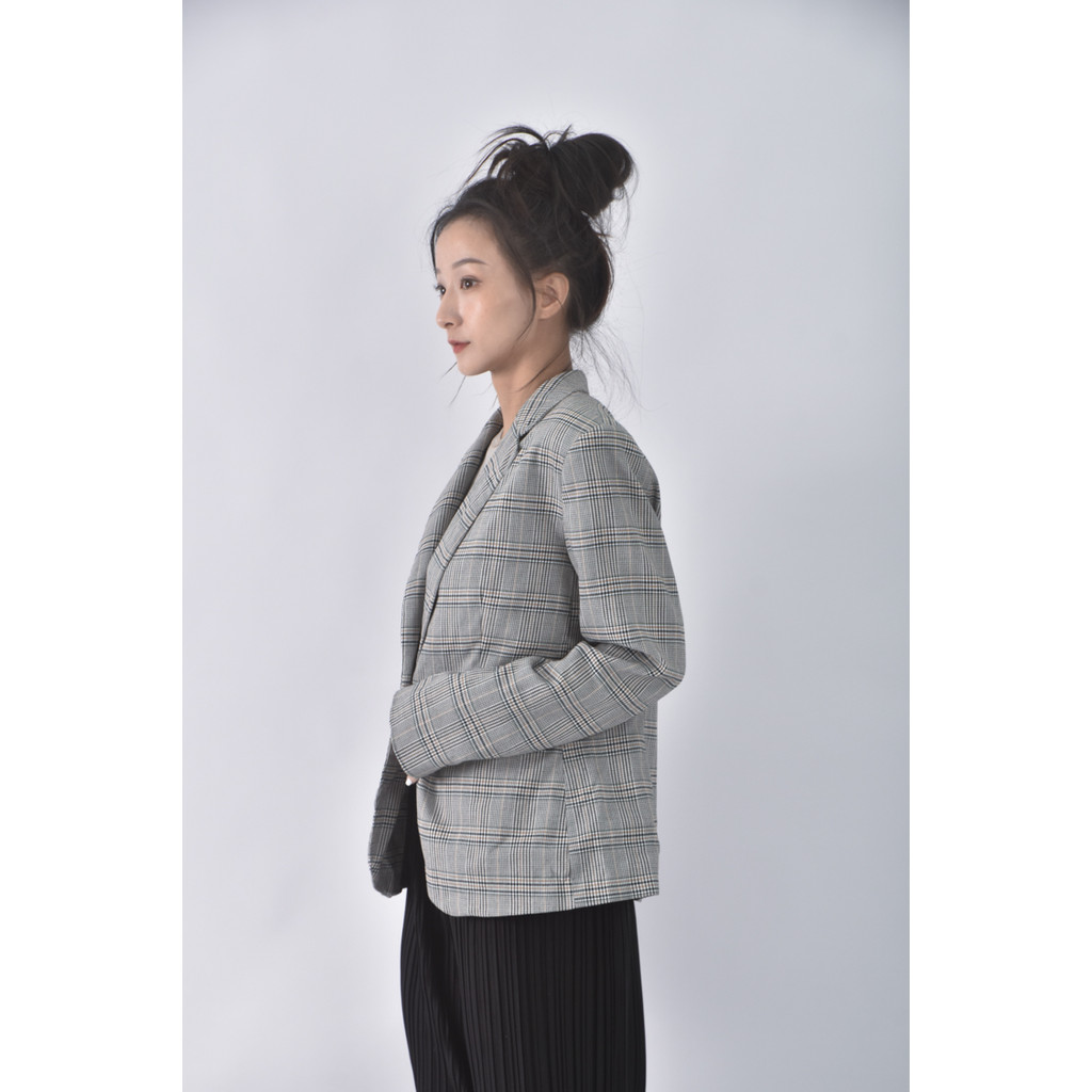 (S) zara西裝墊肩格紋黑色外套二手衣, , large