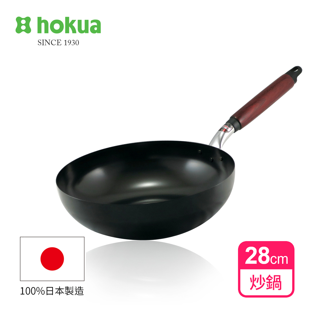 【日本北陸hokua】日本製輕量級木柄黑鐵炒鍋28cm可用金屬鏟/IH可用鍋, , large