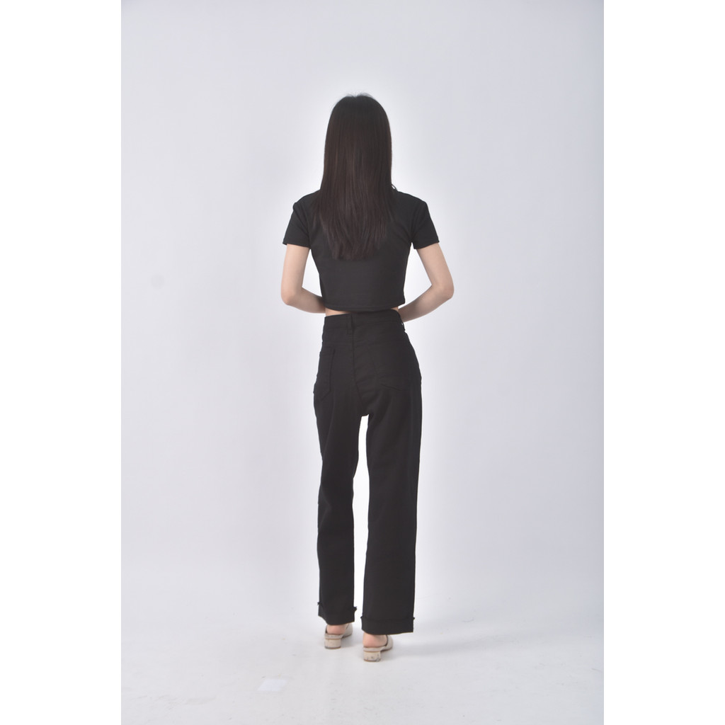 (2XL) flyup韓牌高腰質感丹寧牛仔黑色長褲二手衣, , large