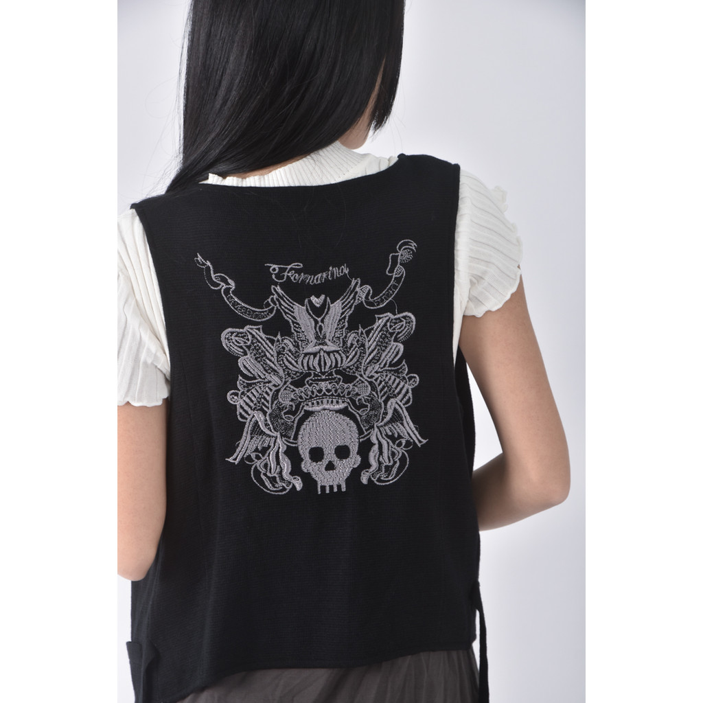 (M) 羊毛假兩件拼接背心黑色罩衫二手衣, , large