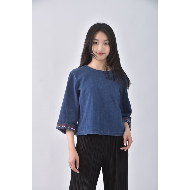 (S) max co丹寧牛仔棉質圓領藍色長袖上衣二手衣, , large